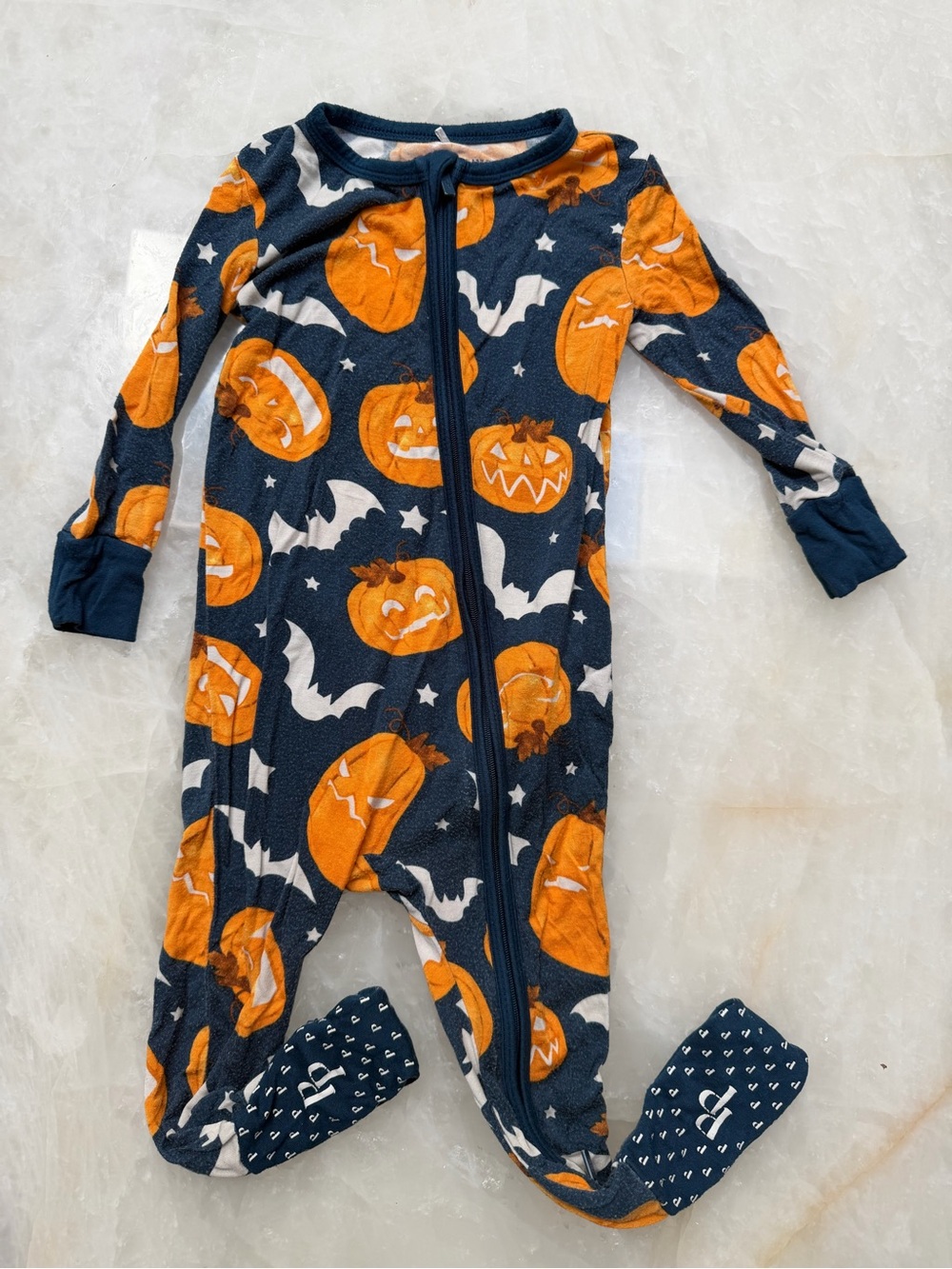 Posh Peanut footie Halloween Pumpkin One-Piece Pajamas - Navy & Orange